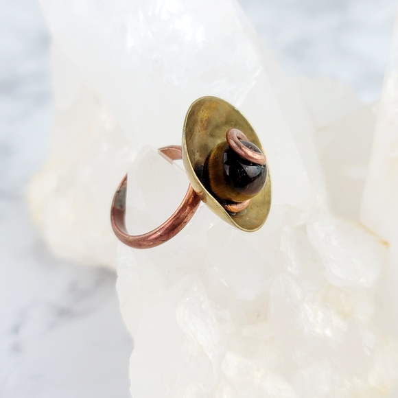 Tiger Eye Ring Jewelry Size 5 Yellow Gold Brass Copper Metal Artisan Handmade - Picture 7 of 12